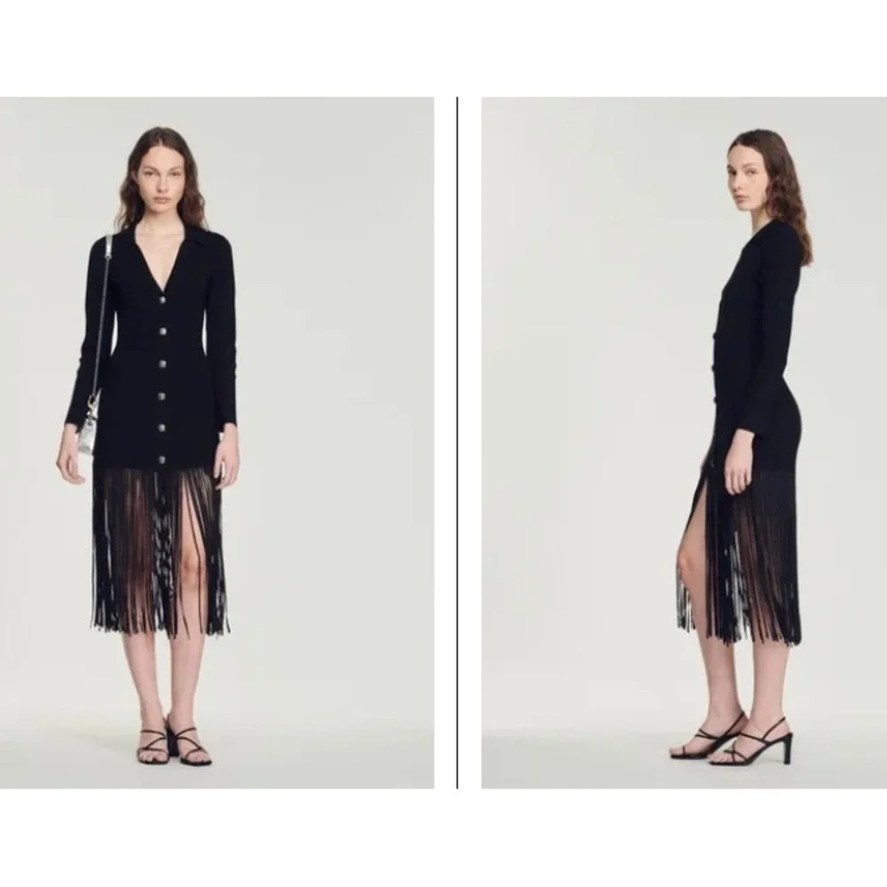Sandro Astree Fringed Midi Dress Size 36 Black NEW Ribbed Knit Western Parisian